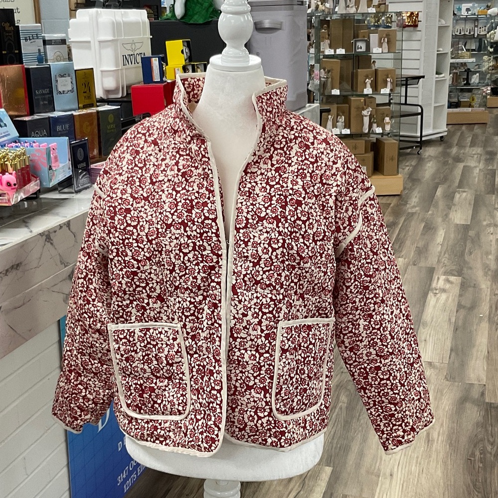 Quilted Floral Boxy Jacket - Red/White